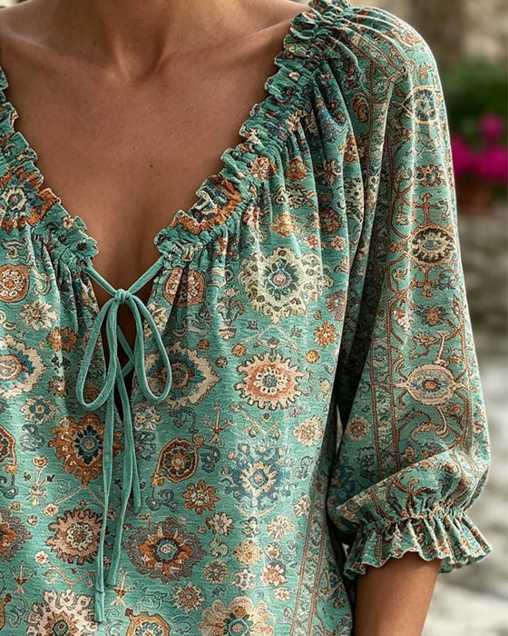 Blouse V-Hals Strik Vintage Print