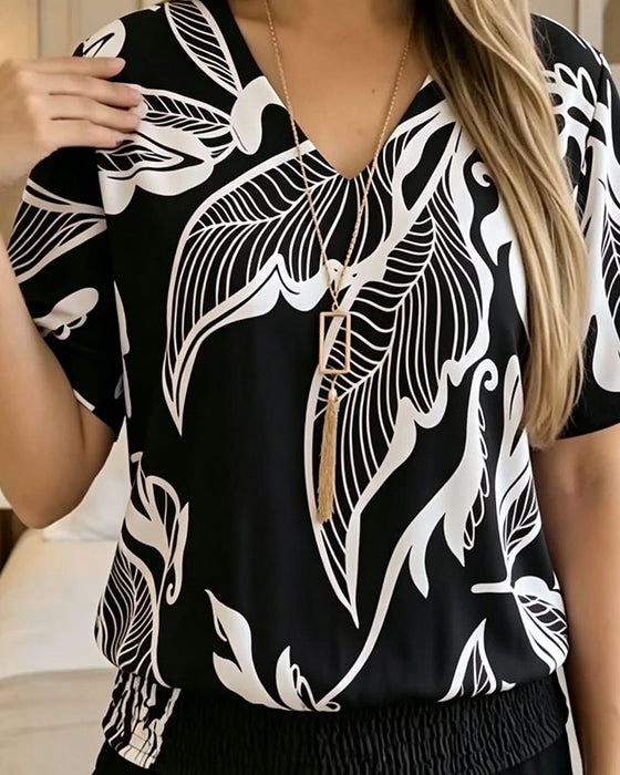 Blouse Bloemenprint Elastische Zoom Korte Mouw