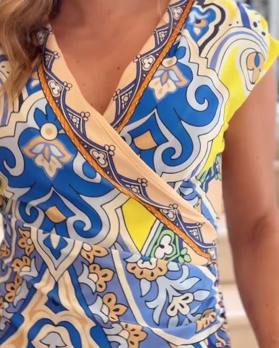 Elegante jurk met vintage print en v-hals