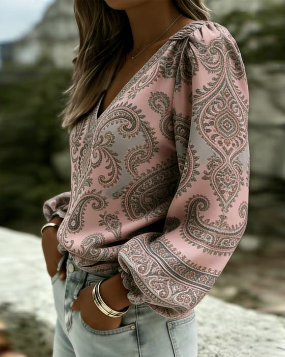 Blouse Paisley Patroon V-Hals Lantaarn Mouw