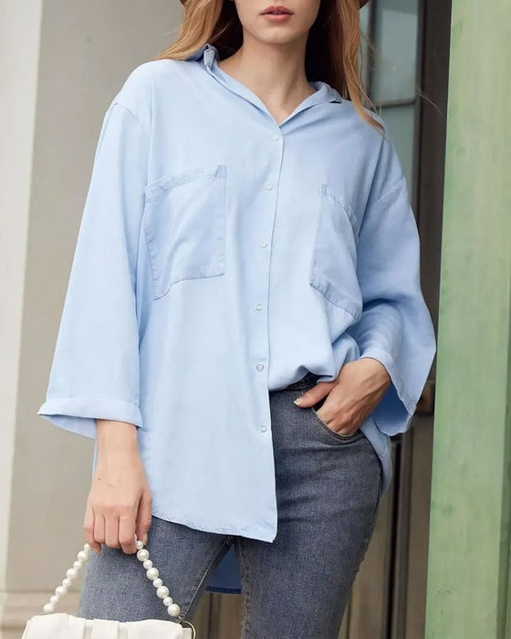 Overhemd Kraag Zak Knoopsluiting Denim