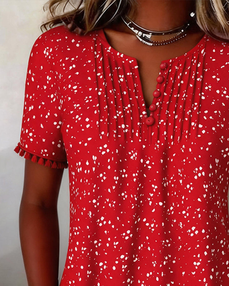 Blouse Witte Stip Franje Korte Mouw