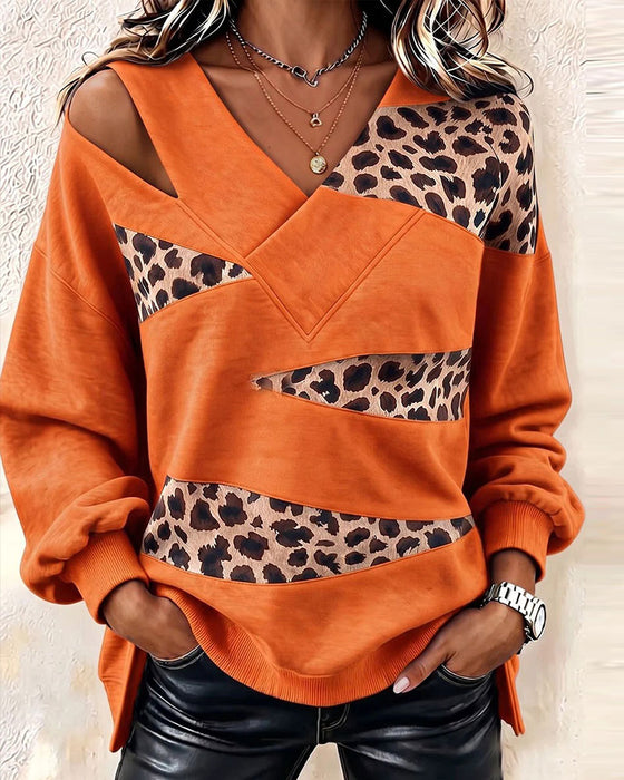 Sweatshirt Luipaard Patchwork V-Hals Pullover