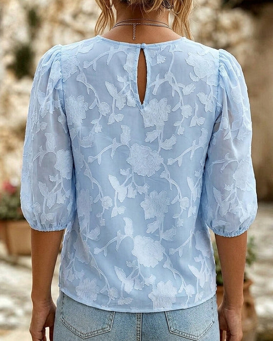 Ronde Hals Blouse Met Pofmouwen