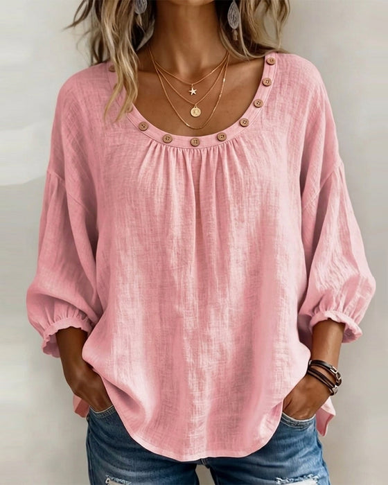 Blouse Ronde Hals Knoop Los