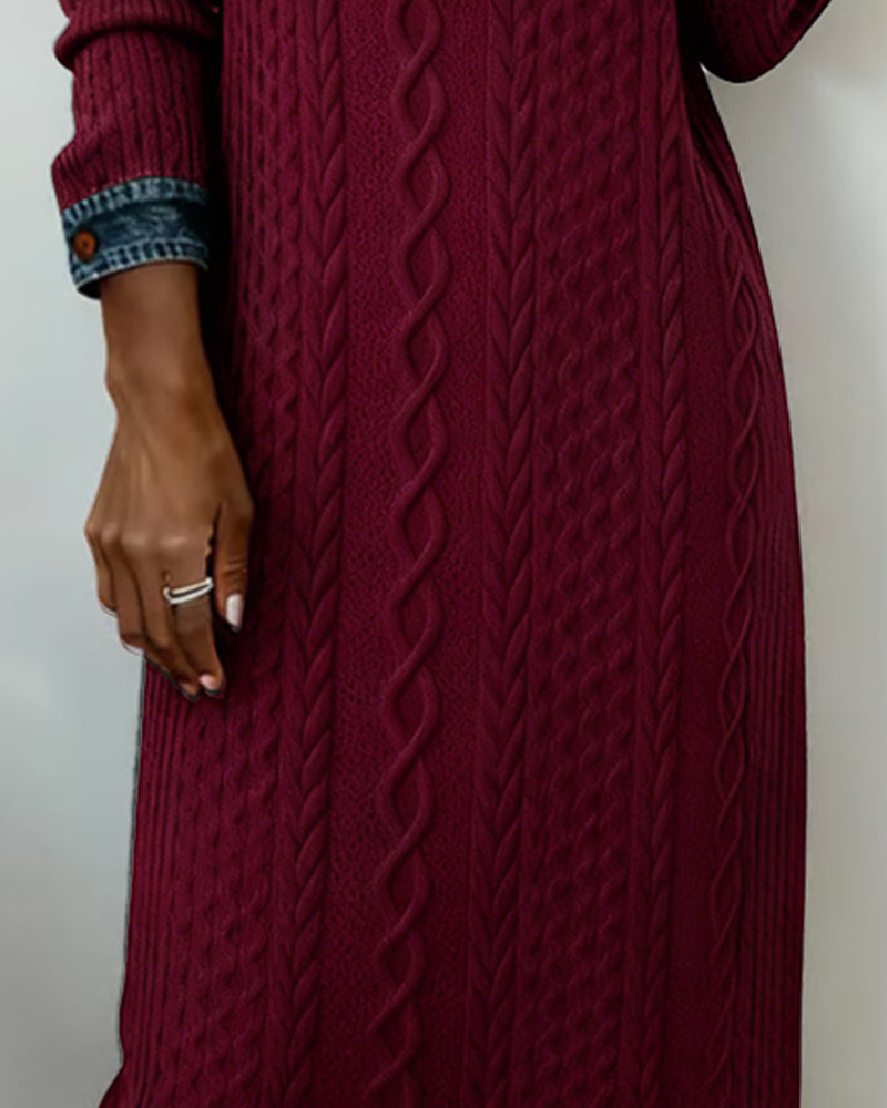 Jurk Met Kraag Van Denim, Kabelssteek En Patchwork