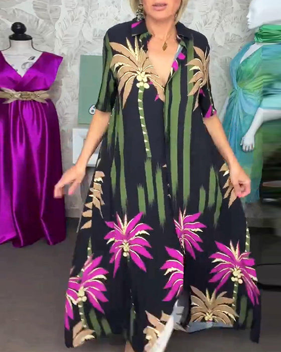 Casual losse jurk met split met bladprint en korte mouw