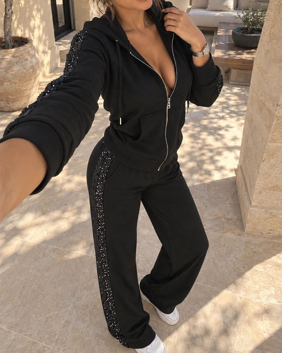 Set Capuchon Casual Lange Mouw Jas Rechte Broek