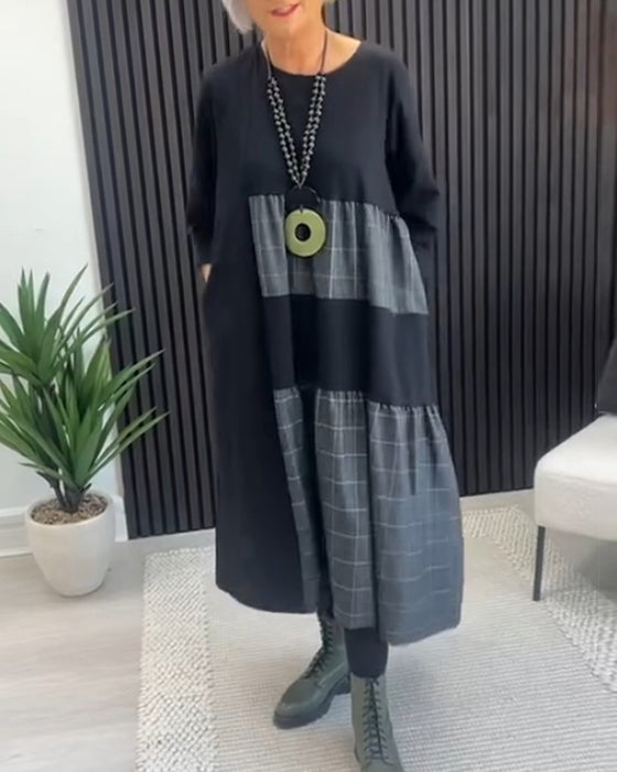 Casual jurk met geruite patchwork en zak