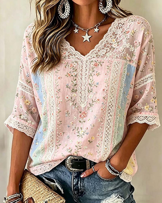 Blouse V-Hals Kant Patchwork Contrast Bloemen