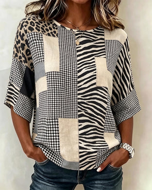 Blouse Ronde Hals Patchwork Ruit Luipaard
