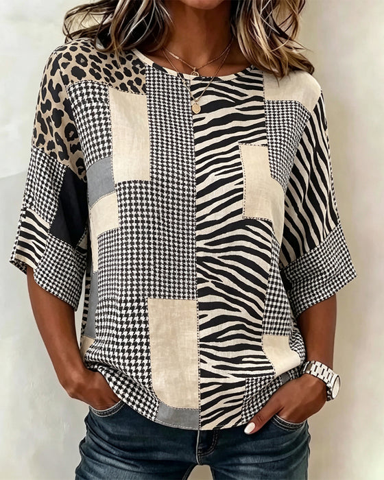 Blouse Ronde Hals Patchwork Ruit Luipaard