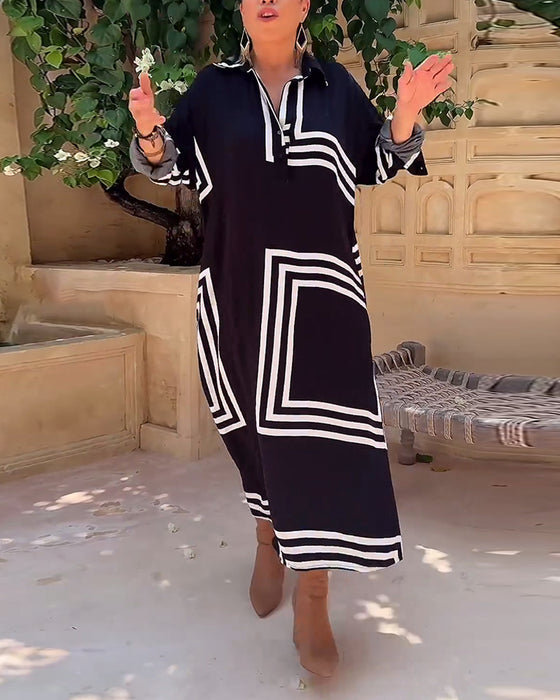 Rechthoekige vrijetijdsjurk met revers en print