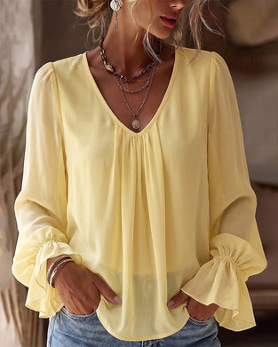 Blouse V-Hals Gerimpeld Pofmouw Ruffle