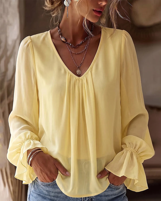 Blouse V-Hals Gerimpeld Pofmouw Ruffle
