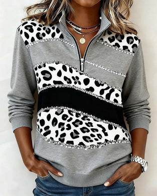Sweatshirt Luipaardprint Glinsterende Met Halve Rits Kraag