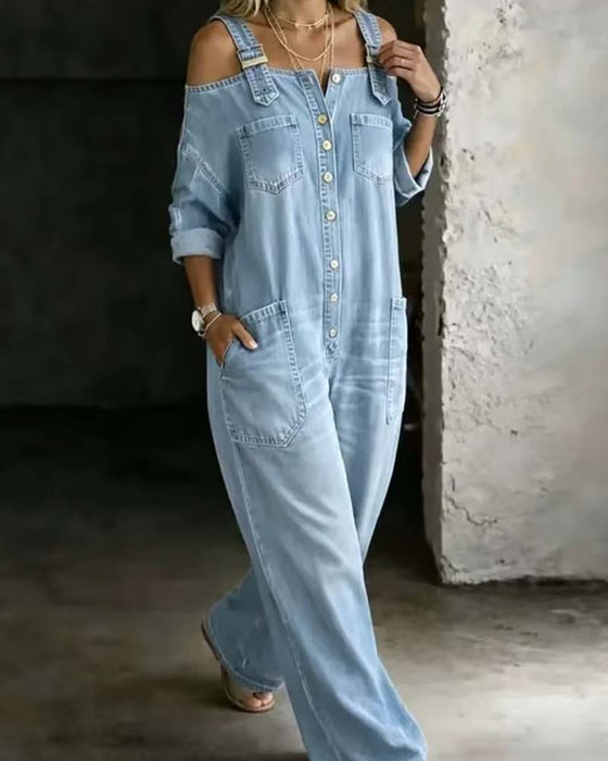 Jumpsuit Spaghettiband Koele Schouder Wijd Been Denim
