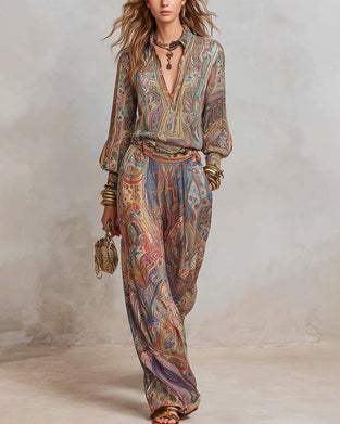 Set V-Hals Print Gedrapeerd Casual
