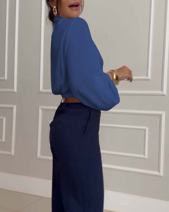 Mode effen kleur blouse met V-hals en lantaarnmouw