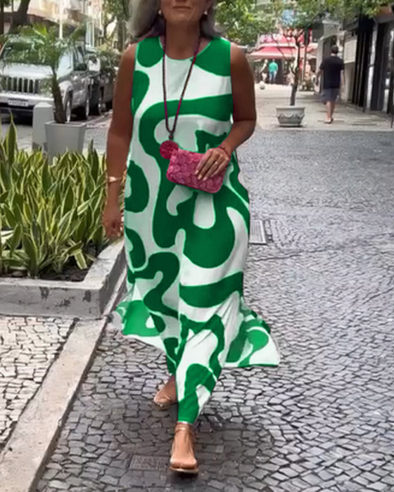 Ronde Hals Mouwloze Jurk Met Geometrische Print