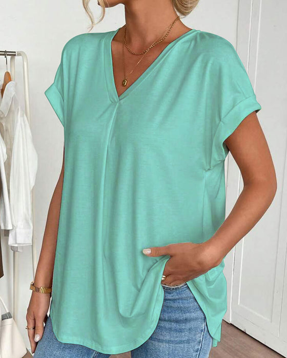 T-Shirt Met Korte Mouwen Effen Kleur Patchwork