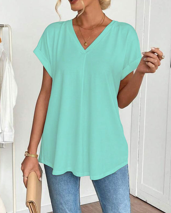 T-Shirt Met Korte Mouwen Effen Kleur Patchwork