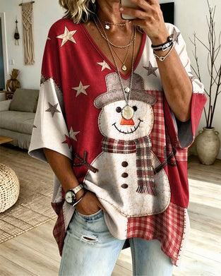 T-Shirt Kerst Sneeuwpop Print V-Hals Halve Mouw