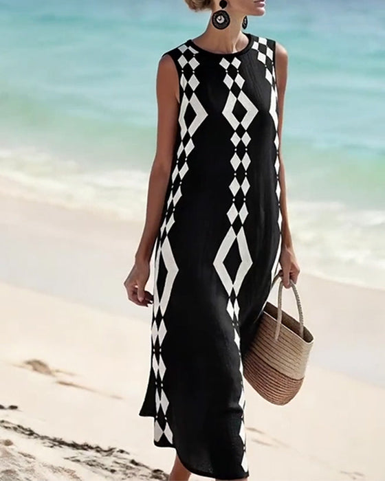 Jurk Mouwloos Diamantpatroon Los