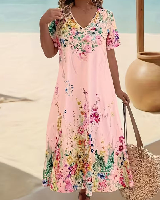 Jurk Aquarel Bloemen V-Hals