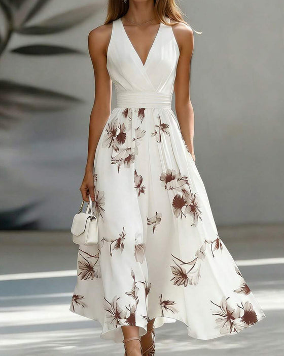 Jurk Mouwloos V-Hals Taille Bloemen