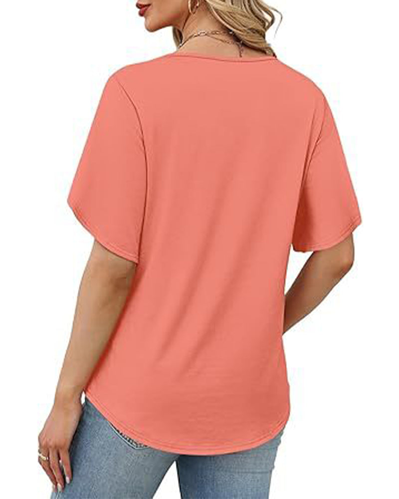 T-Shirt V-Hals Kleine Split Korte Mouw Effen