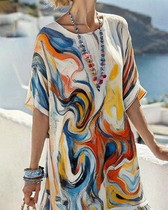 Jurk Ronde Hals Olieverf Print