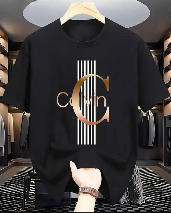 T-Shirt Letter Verticale Streep Print Korte Mouw