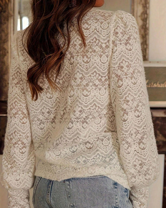 Blouse Lange Mouw Effen V-Hals Kant
