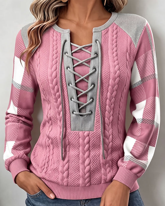 Sweatshirt Ronde Hals Bandjes Geruit Print