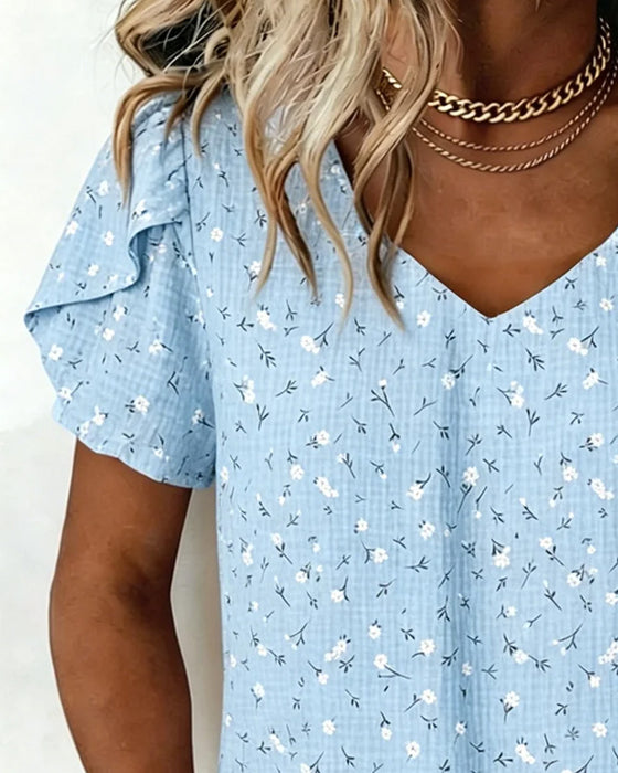 T-Shirt V-Hals Bloemen Korte Mouw