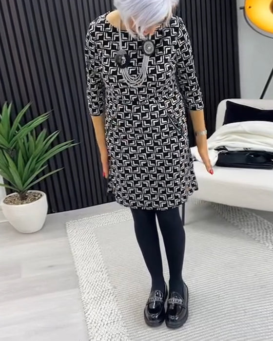 Retro geometrische print ronde hals jurk met zakken