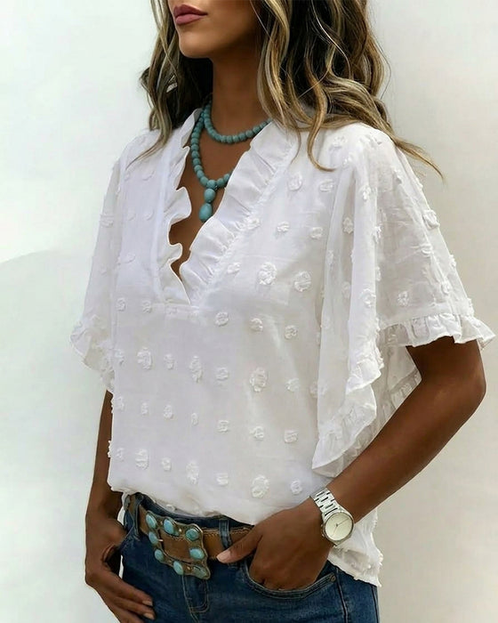 Blouse Jacquard V-Hals Ruche