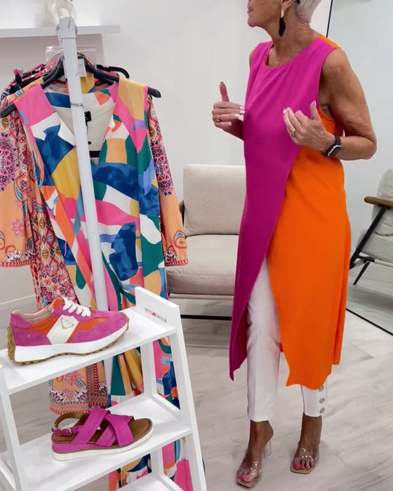 Blouse Mouwloos Contrastkleur Splits Lang