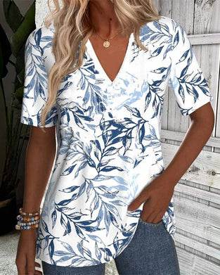 T-Shirt V-Hals Korte Mouwen Bamboebladprint