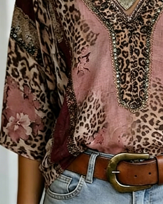 Blouse V-Hals Lantaarn Mouw Luipaard