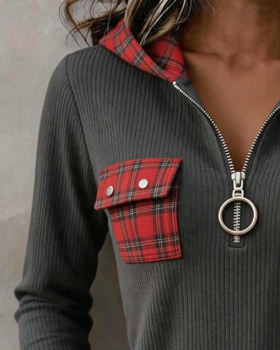 Sweatshirt Geruit Patchwork Halve Rits