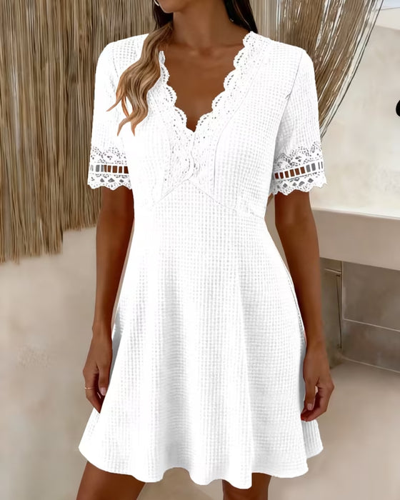 Jurk V-Hals Kant Patchwork Wafel