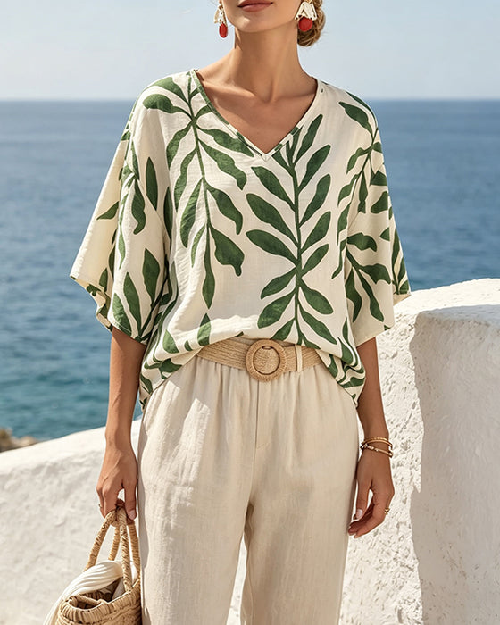 Blouse V-Hals Half Mouw Bladprint