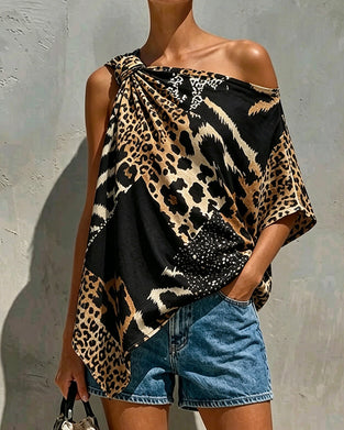 Blouse Luipaardprint Patchwork Een Schouder