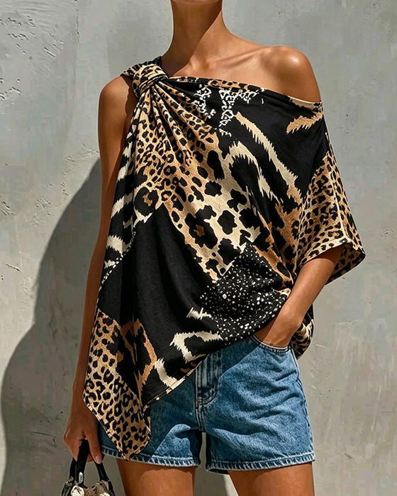 Blouse Luipaardprint Patchwork Een Schouder