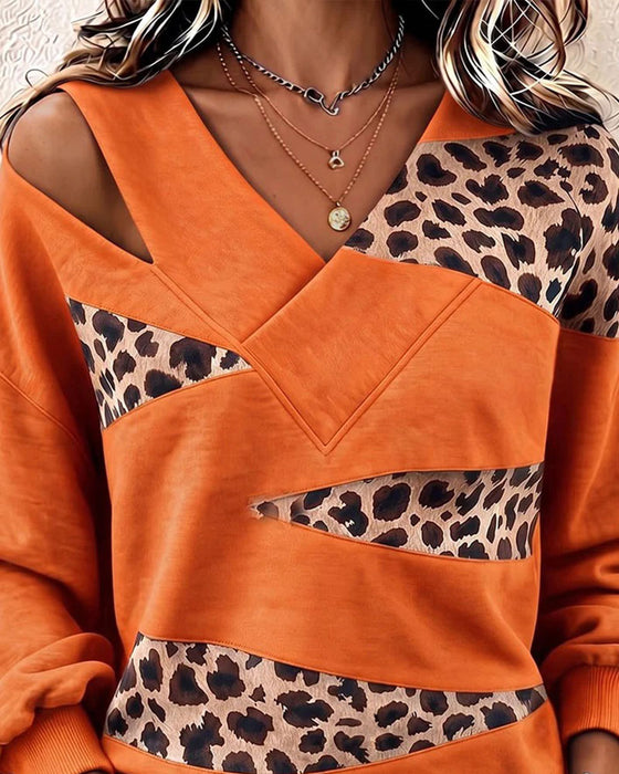 Sweatshirt Luipaard Patchwork V-Hals Pullover