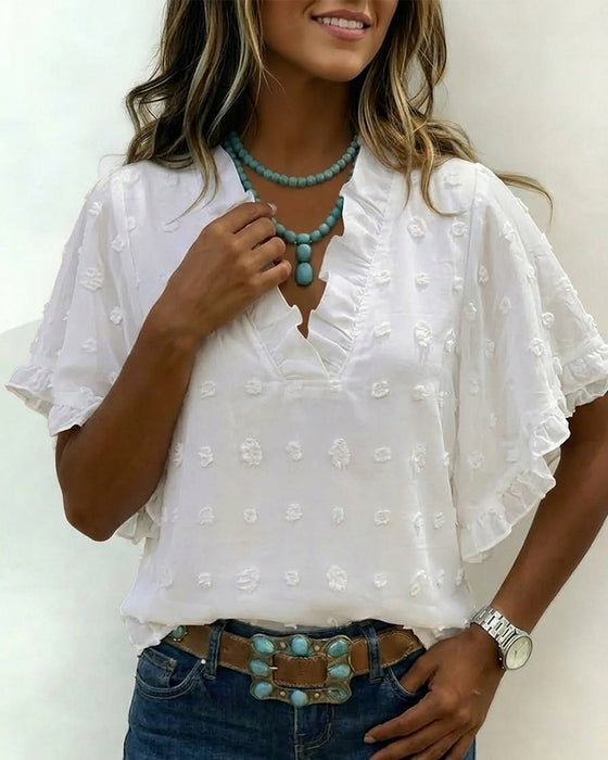 Blouse Jacquard V-Hals Ruche
