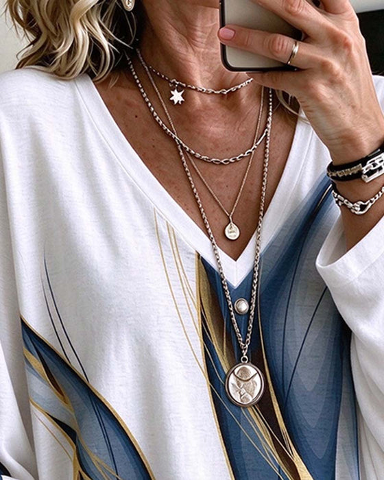 Top V-hals Abstracte Kunstprint Loose
