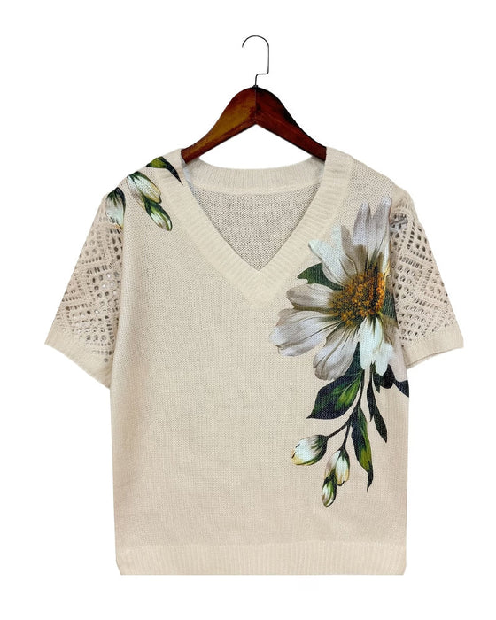 Pullover V-Hals Gebreid Bloemen